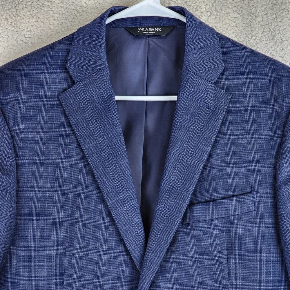 Jos A Bank Traveler Blazer Mens 41R Blue Glen Plaid 100% Wool Sport Coat Classic